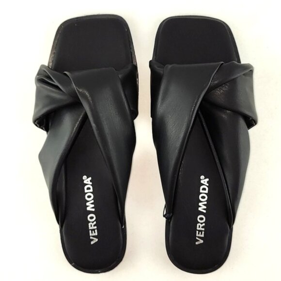 Vero Moda Black Twist Square Toe Slides Sandals Faux Leather Size 6 - Picture 2 of 11